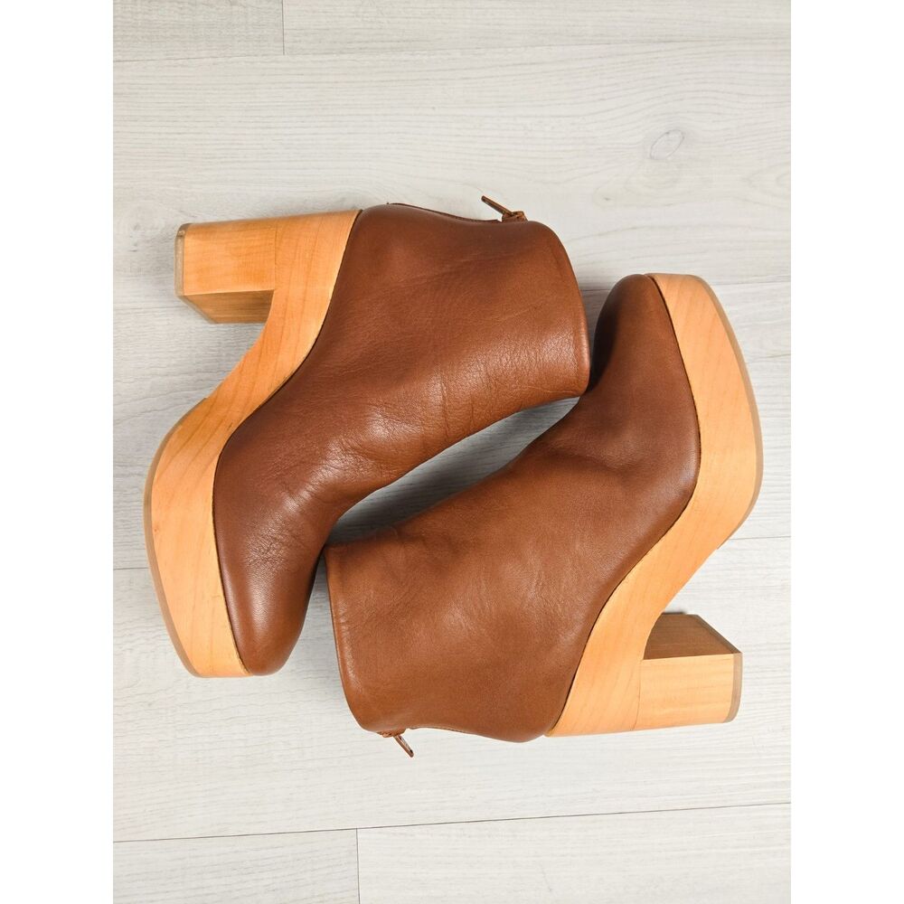 Coclico Spain Brown Leather Wood Platform Clog Booties Back Zip EU 38 US 8